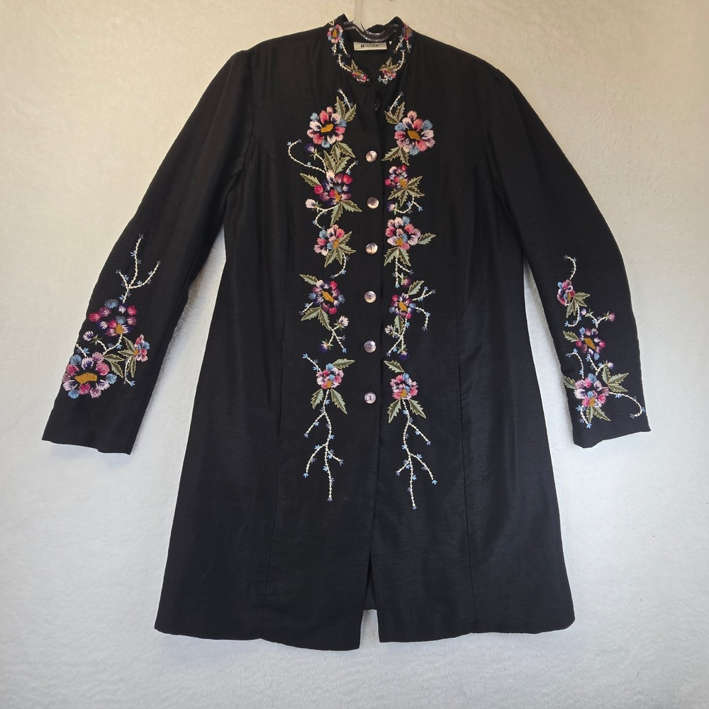 Vintage 90s Silk Blend Floral Embroidered  Long‎ Jacket Statement Artsy Womens M